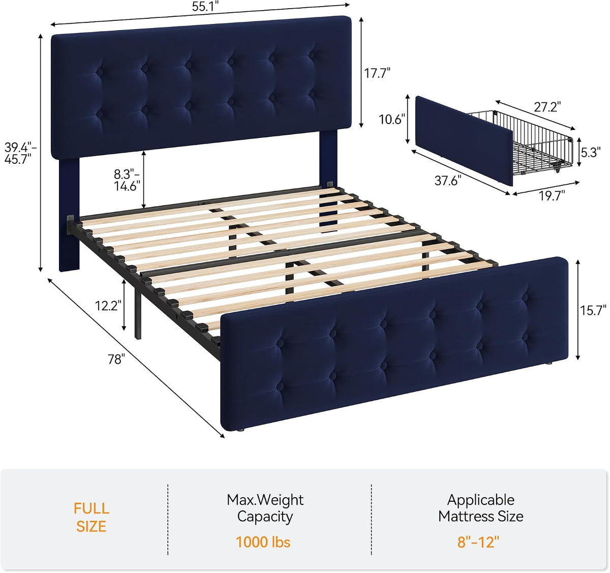 GarveeHome Full Size Bed Frame with 4 Storage Drawers and Velvet Upholstered Headboard, Wooden Slats Support, Button Tufted Design, No Box Spring Needed, Blue