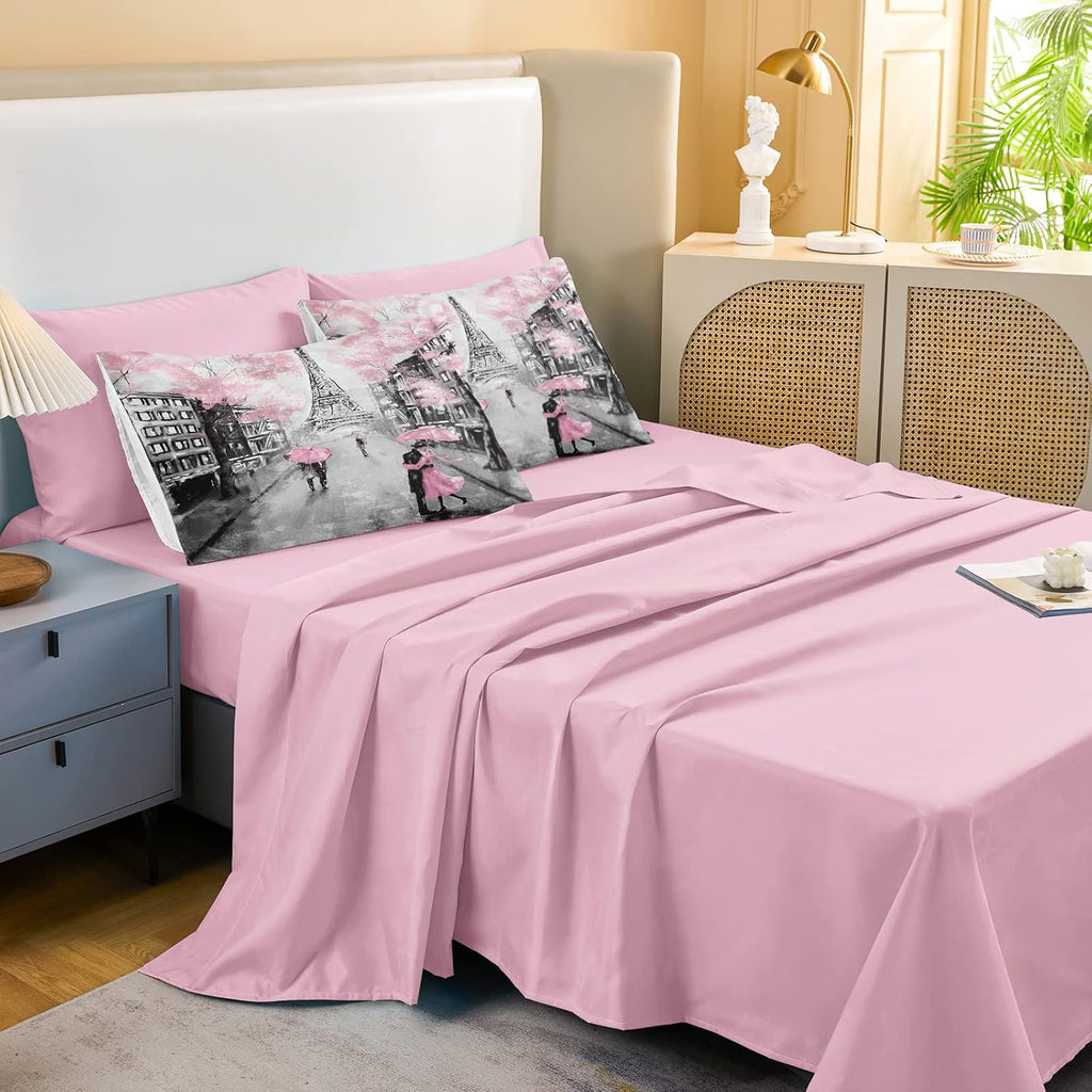Merryword Eiffel Tower Comforter Set California King Size Bed in a Bag Sweet Couple Lovers Pink Paris Design Bedding with 1 Comforter, 4 Pillowcases, 1 Flat Sheet, 1 Fitted Sheet, 1 Cushion Cover