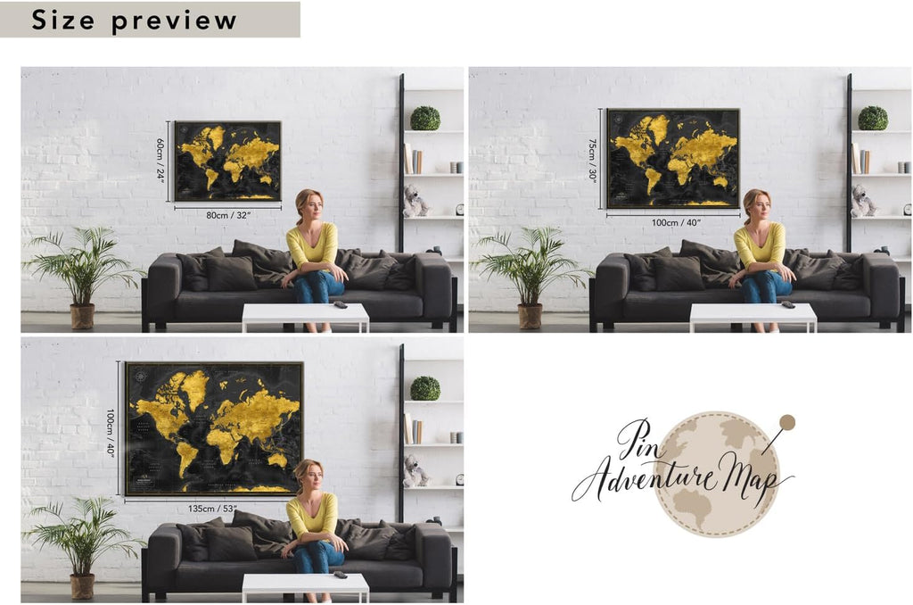 World map with pins to mark travels - World Map pinboards for globetrotters & and travel-themed interiors (32 x 24, Midnight Gold)