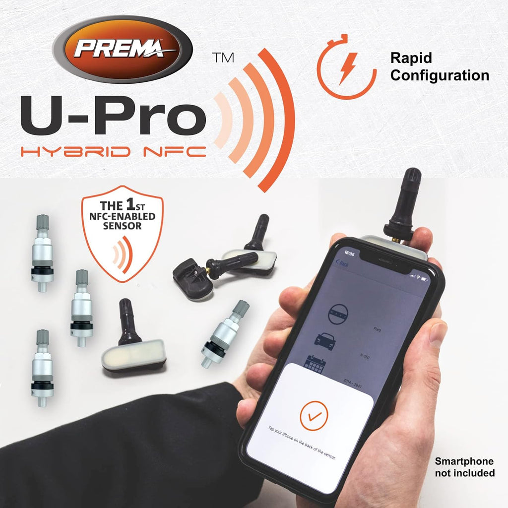 Set of 12 PREMA U-Pro Hybrid NFC TPMS Sensors with Rubber Snap in and Aluminum Clamp in Valve Stems | Universal for Any Vehicle | Programs with Free Smart Phone App! | Manufactured by Hamaton