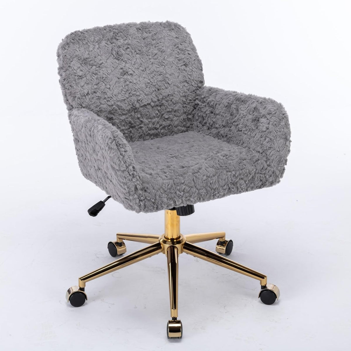 Plush Faux Fur Desk & Vanity Chair with Gold Base – Comfy Adjustable Girls Desk Chair, Makeup Chair, 360° Swivel, Tilt Backrest, Rolling Wheels – Modern Chic Home Office Seating,Grey