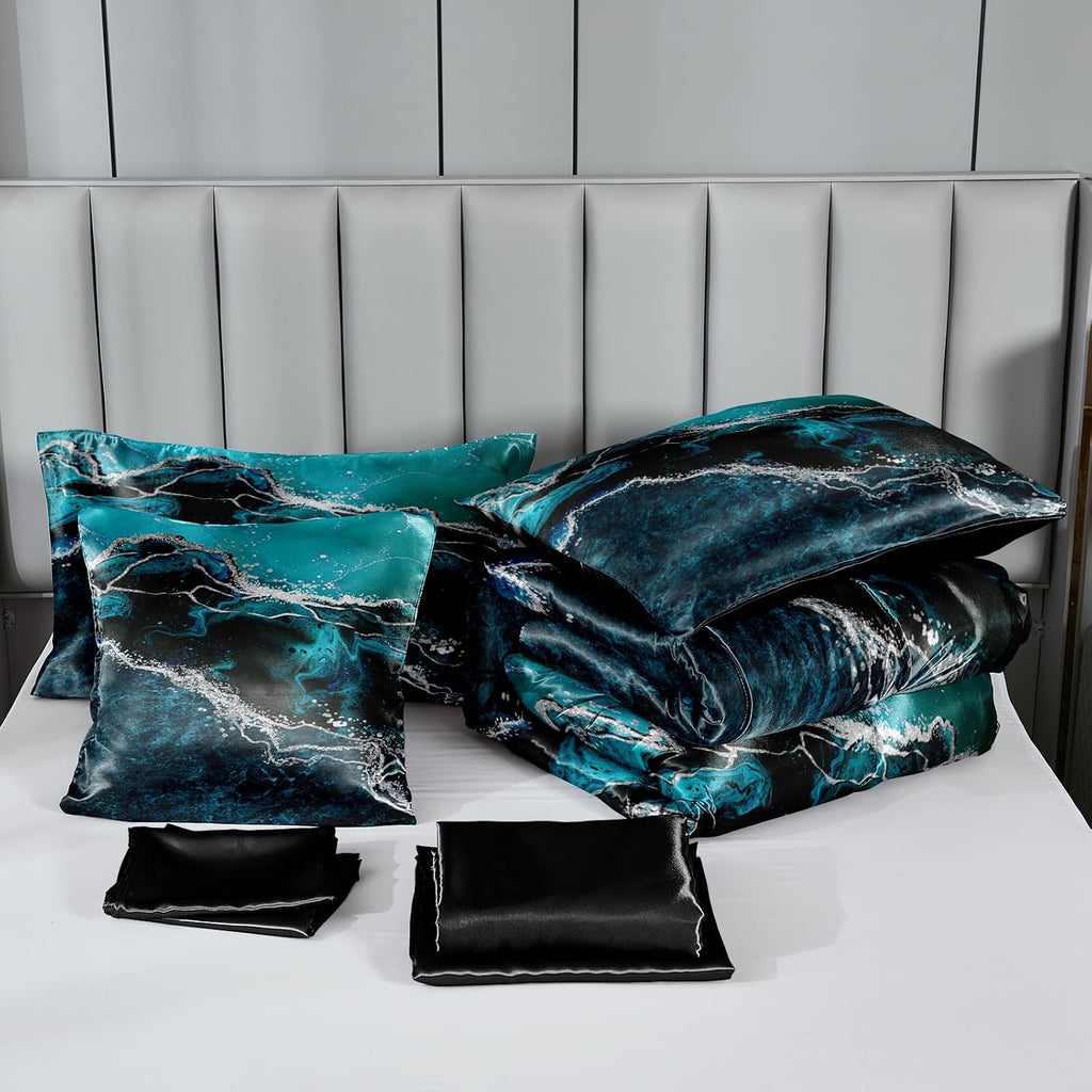Bedorm Blue Marble Comforter Set Queen Silky Satin Bed in A Bag Black Marble Stone Abstract Texture Silk Like Black Satin Bedding Set with Comforter and Sheet Set