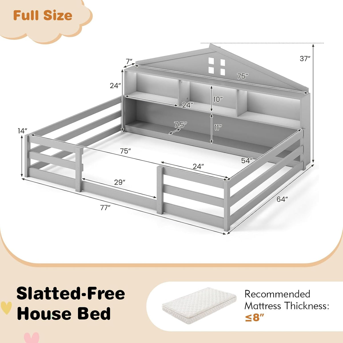 KOMFOTT Full Floor Bed with Bookcase & LED Light, Wood Bed Frame with Bedside Bookshelves & Guardrails, Versatile 2-in-1 Montessori Floor Bed for Kids (Grey)