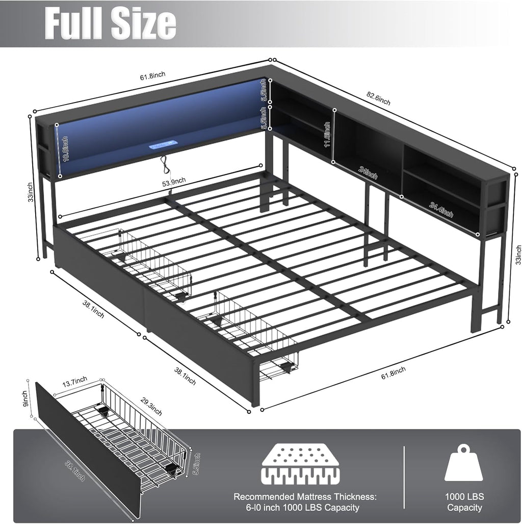 Corner Bed Frame Full with Storage, L Shaped Daybed for Kids,Full Corner Bed with Drawers, Shelves, RGB LED Lights & Charging Station, Sturdy Metal Kids Full Bed for Girls Boys,Black