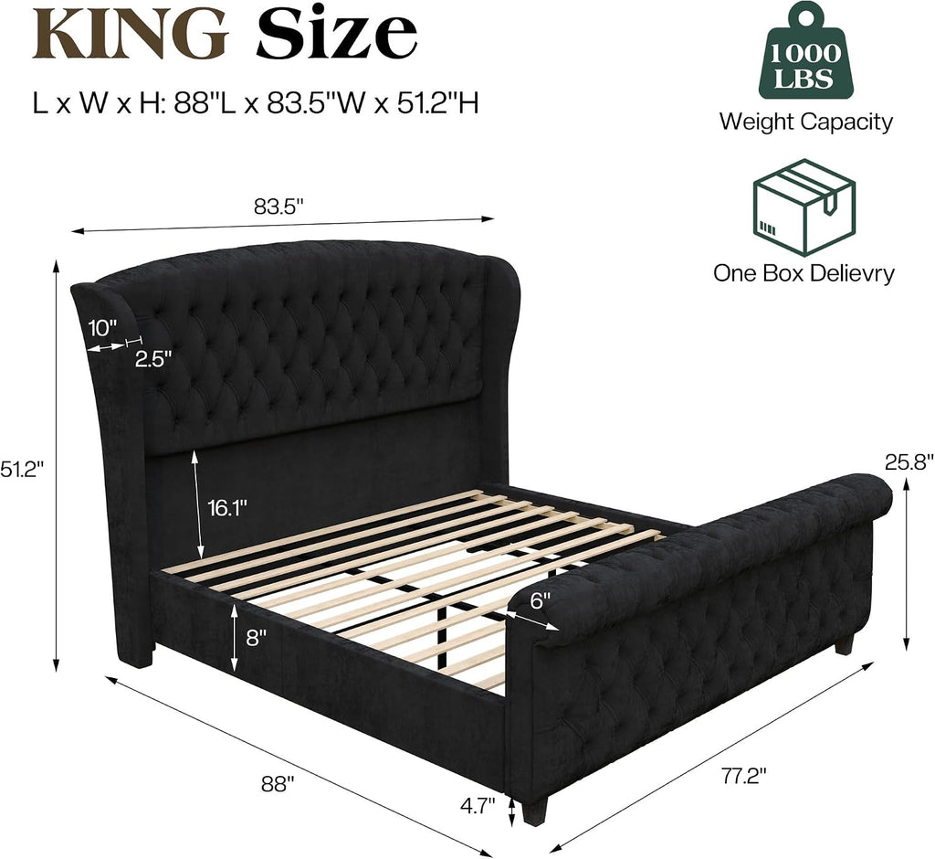 LUXOAK King Size Platform Bed Frame, Velvet Upholstered Sleigh Bed with Curved Headboard & Footboard, Deep Button Tufted, Wood Slats Support, No Box Spring Needed, Black