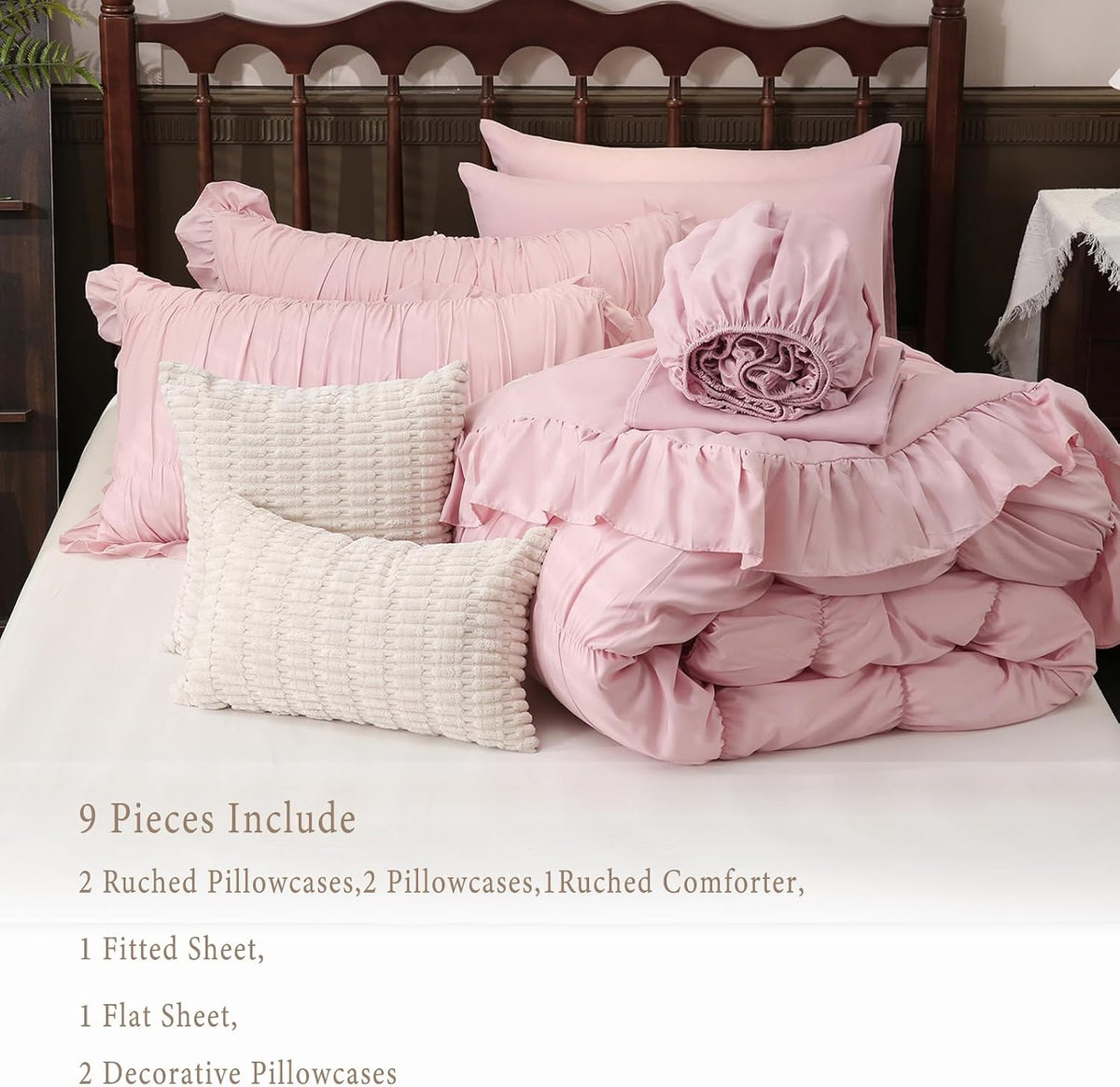 Herside Pink Comforter Set Queen Size,Ruched Boho Bedding 9-Piece Bed-in-a-Bag for All Seasons,Fluffy Luxury Ruffle Bedding Set with Comforter, Flat Sheet, Fitted Sheet, Pillow Shams, Pillowcases