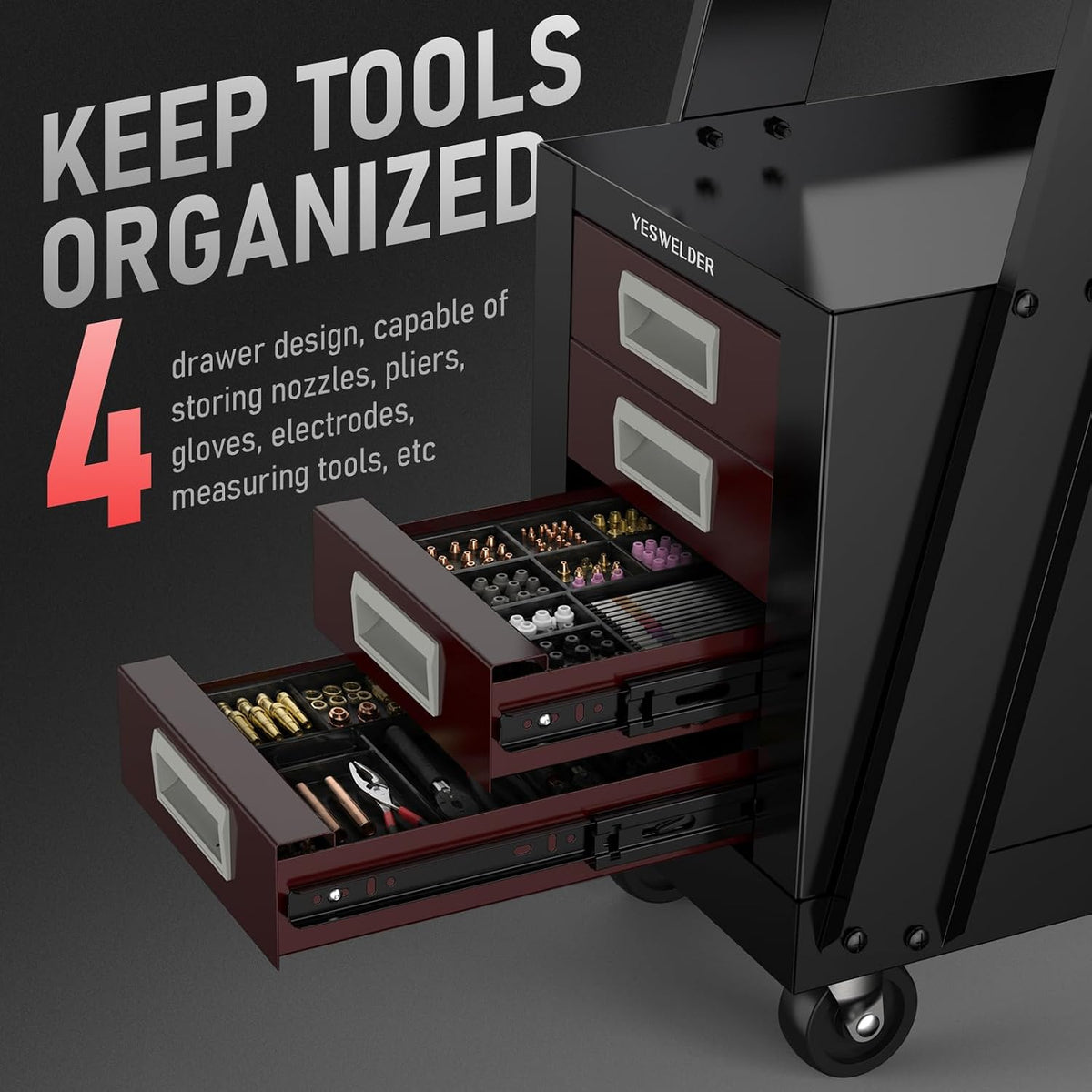YESWELDER Welding Cart with 4 Drawers for MIG Welder TIG Welder and Plasma Cutter, Black&Red Version Heavy Duty Large Storage 360° Rolling Welding Trolley