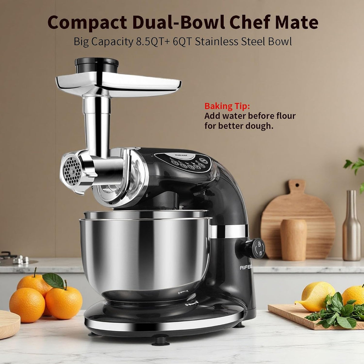 Stand Mixer, 8.5QT+ 6QT Two Stainless Steel Bowls Electric Food Mixer, 7 in 1 Multifunctional Kitchen Mixer with Dough Hook, Whisk, Beater, Meat Grinder,Pasta & Cookie Maker-Black