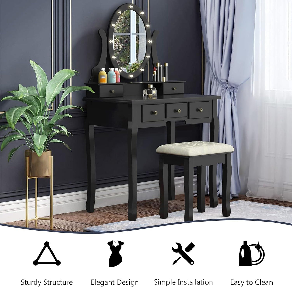 DORTALA Makeup Vanity Table Set, 5 Drawers Dressing Table w/ 360° Rotating Oval Mirror, Detachable Top, 12 LED Light Bulbs, Multifunctional Girl Dressing Table Set w/Vanity Padded Bench, Black