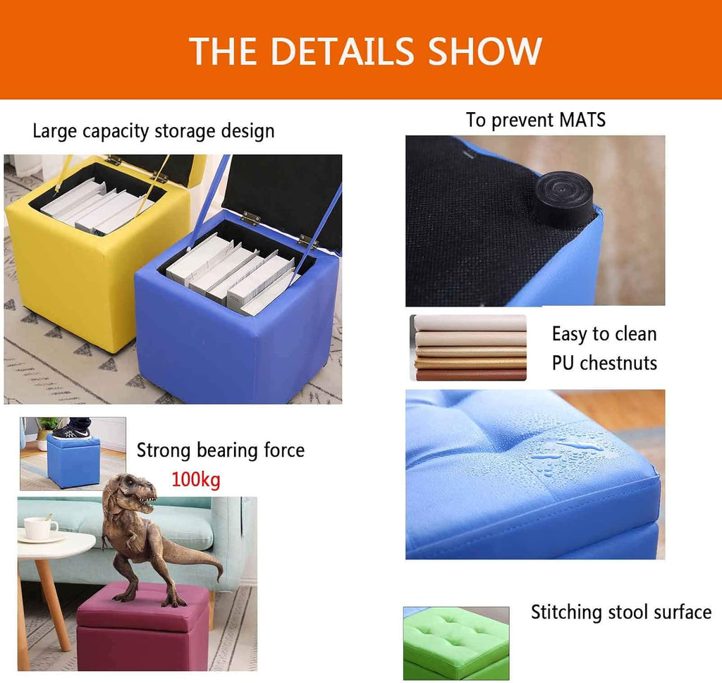 Square Storage Upholstered Footstool Pu Leather Makeup Dressing Stool for Bedroom Shoe Bench Vanity Piano Seat and Functional Sofa Stool-Blue-40cm
