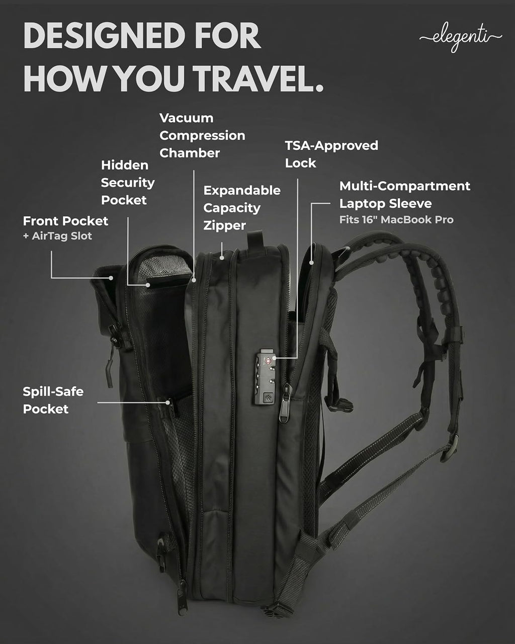 Expandable Vacuum Travel Backpack with Compression System & Pump | 60L Carry On Backpack with TSA Lock, Laptop Sleeve & Water Resistant Shell | Black