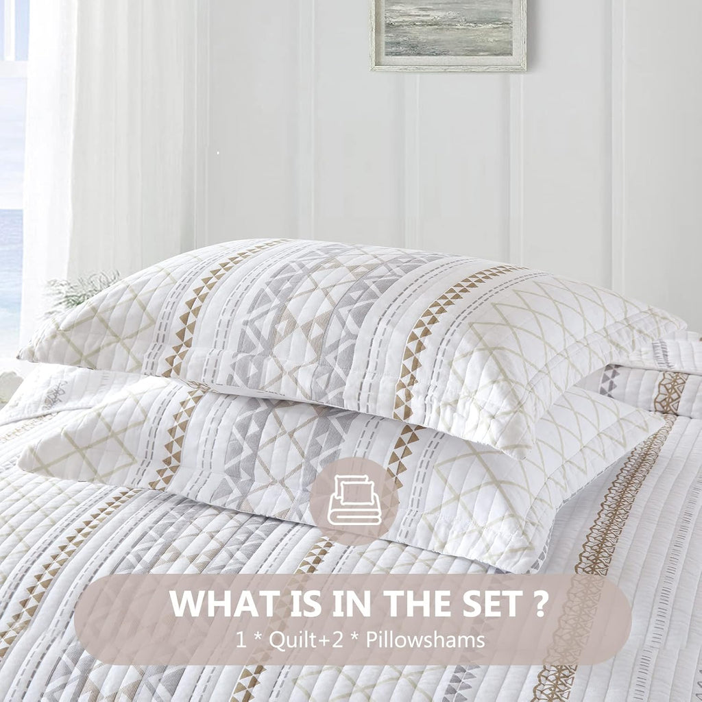 Quilt King Size, 100% Cotton King Quilt Bedding Set, Reversible Boho Striped King Bedspreads Lightweight Comforter Bed Spread King Size for All Season, 3 Pieces, White/Brown/Grey
