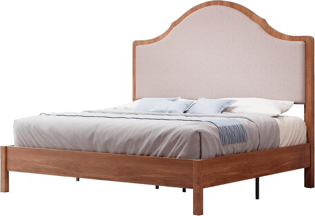 Jocisland Wood Queen Size Bed Frame with Tall Upholstered Curved Headboard, Solid Wood Platform, No Box Spring Needed, Wood Slat Support, Walnut