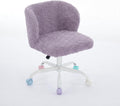 Faux Fur Vanity Desk Chair with White Metal Base – Adjustable Swivel Rolling Office Chair with Wheels, Comfy Makeup Chair for Bedroom, Study, Girls' Room, Home Office & Task Use, Purple