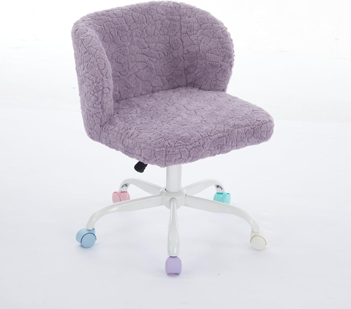 Faux Fur Vanity Desk Chair with White Metal Base – Adjustable Swivel Rolling Office Chair with Wheels, Comfy Makeup Chair for Bedroom, Study, Girls' Room, Home Office & Task Use, Purple