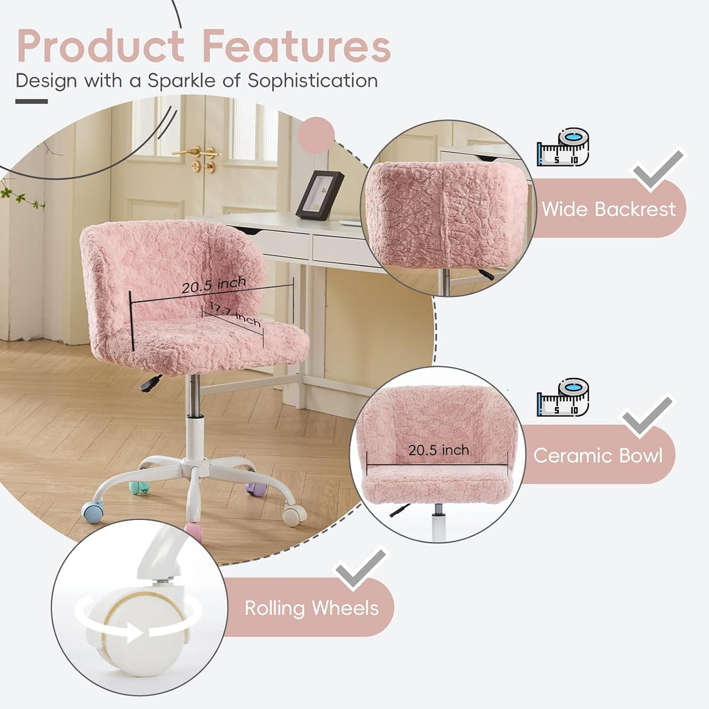 Faux Fur Vanity Desk Chair with White Metal Base – Adjustable Swivel Rolling Office Chair with Wheels, Comfy Makeup Chair for Bedroom, Study, Girls' Room, Home Office & Task Use, Baby Pink