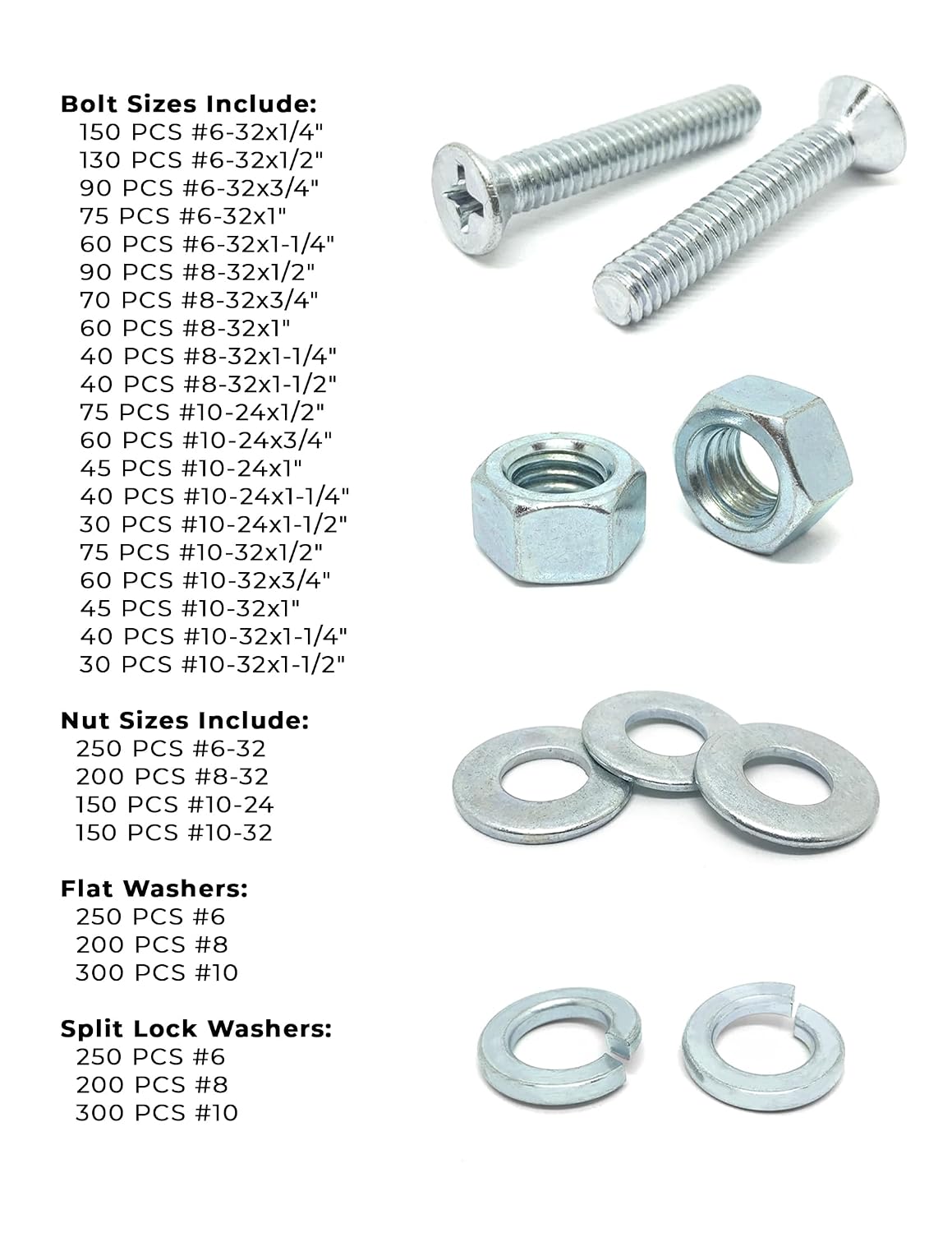 #6#8#10 Phillips Flat Head Machine Screws Bolts Flat & Split Washers & Hex Nuts Assortment Set