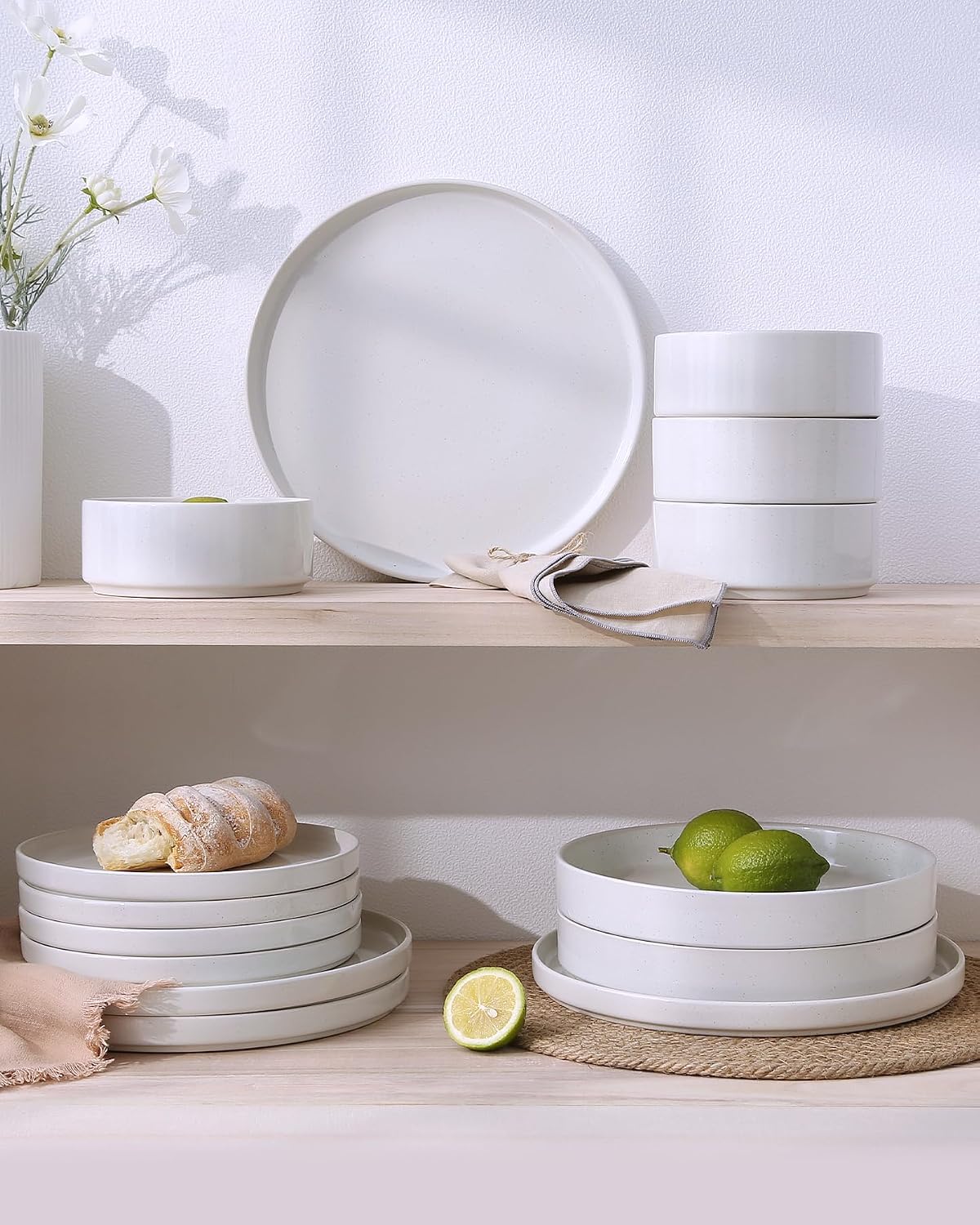 Famiware Nebula Plates and Bowls Set, 24 Pieces Dinnerware Sets, Dishes Set for 8, White