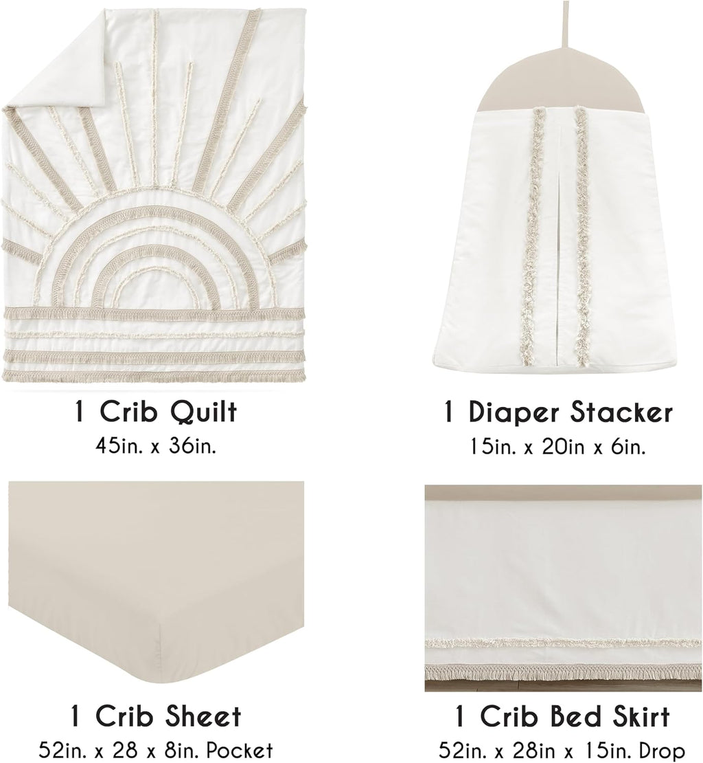 Sweet Jojo Designs 4-Piece Baby Crib Bedding Set (Boho Chic Sun Cotton) for Boys or Girls, Infants/Nursery incl. Blanket, Fitted Sheet, Skirt, Diaper Stacker (Neutral, Modern Farmhouse, Ivory, Shabby)