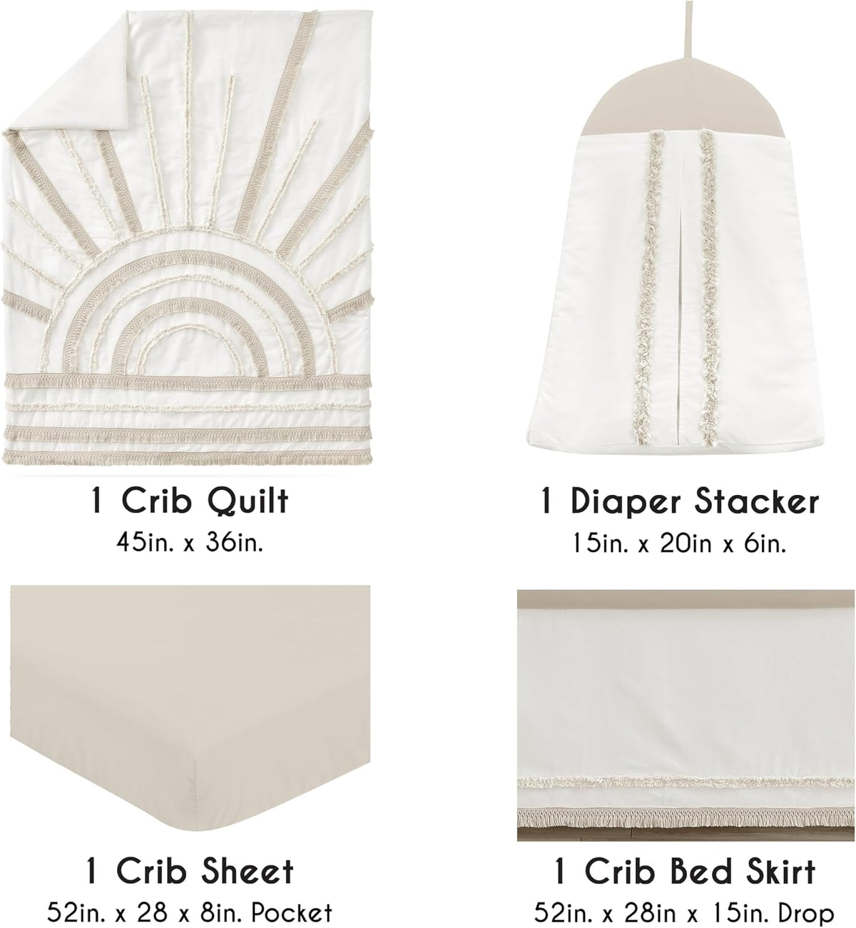 Sweet Jojo Designs 4-Piece Baby Crib Bedding Set (Boho Chic Sun Cotton) for Boys or Girls, Infants/Nursery incl. Blanket, Fitted Sheet, Skirt, Diaper Stacker (Neutral, Modern Farmhouse, Ivory, Shabby)