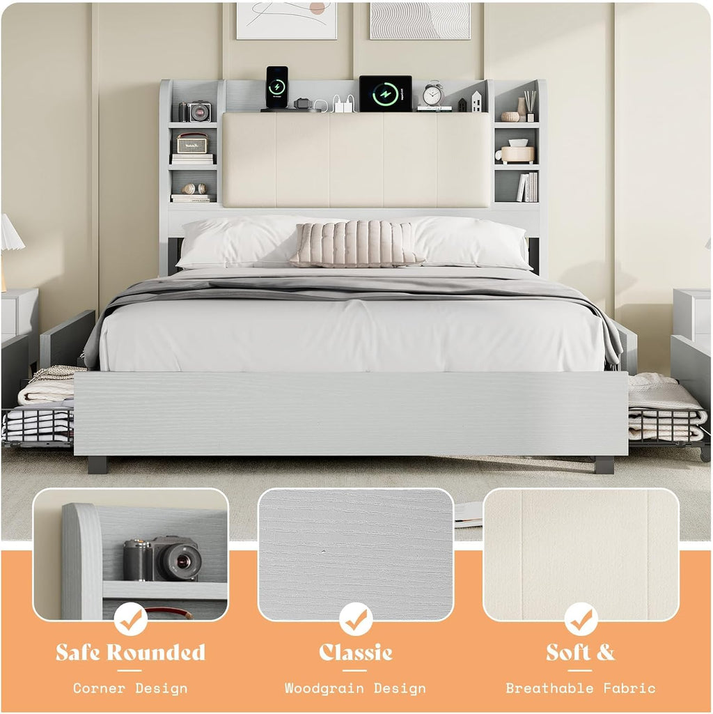 AMERLIFE Queen Size Bed Frame with Bookcase Headboard, Hidden Storage and 4 Drawers, Upholstered Cushion Backrest, Wooden Platform Bed with Charging Station, Heavy Duty Metal Frame, Light Grey