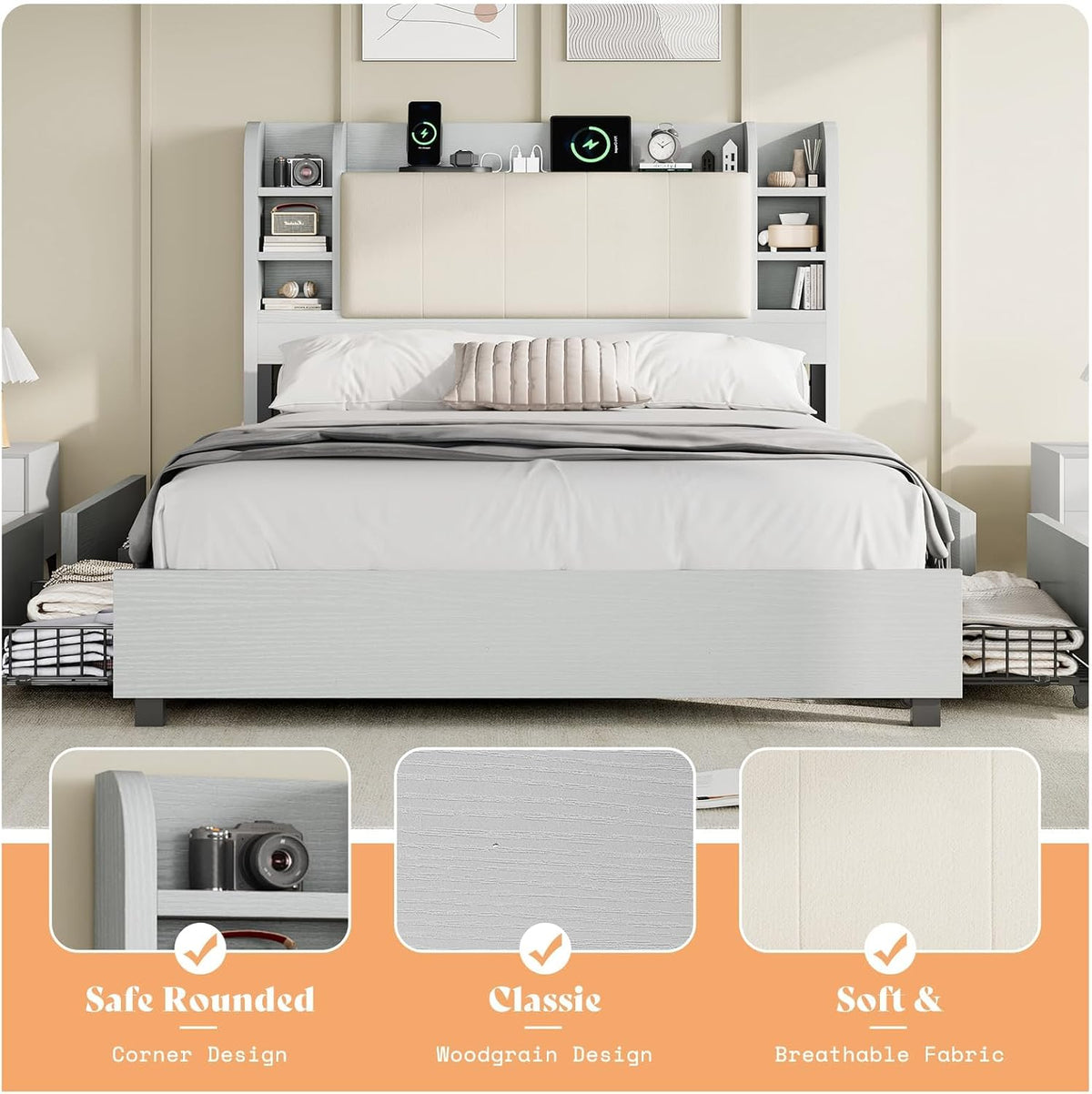 AMERLIFE Queen Size Bed Frame with Bookcase Headboard, Hidden Storage and 4 Drawers, Upholstered Cushion Backrest, Wooden Platform Bed with Charging Station, Heavy Duty Metal Frame, Light Grey