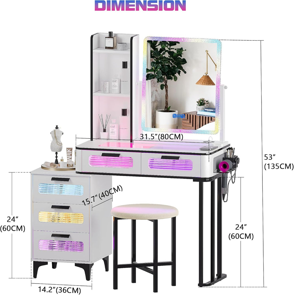 Gurexl RGB Makeup Vanity Desk with Wireless Charging Station, LED Vanity Make up Set with Visible Desktop,7 Dynamic and 7 Static Dimmable Vanity Table Set with Stool & 6 Drawers, Gift for Little Girls