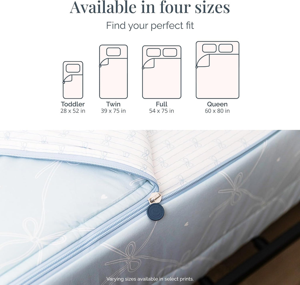 Beddy's Ribbon & Bow Theme Durable Zipper Bedding for Kids - Bed in a Bag - White Striped Sheets with Baby Blue Comforter - Includes Pillowcase & Sham - Twin