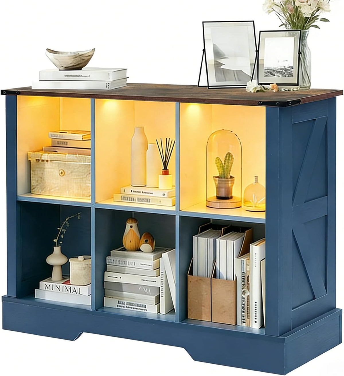 6 Cube Storage Organizer, 2 Tier Book Shelf with Led Lights, Farmhouse Book Shelves for Living Room, Horizontal Toy Storage Bookshelf, Wood Display Bookcase Cabinet for Bedroom, Office, Blue