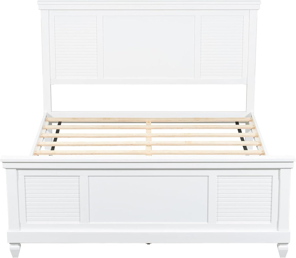 Merax Queen Size Bed Frame with Wood Headboard, Farmhouse White Platform Bed Frame with Sturdy Wooden Support Slats, No Box Spring Needed, Holds up to 800 Pounds, Noise-Free, Easy Assembly