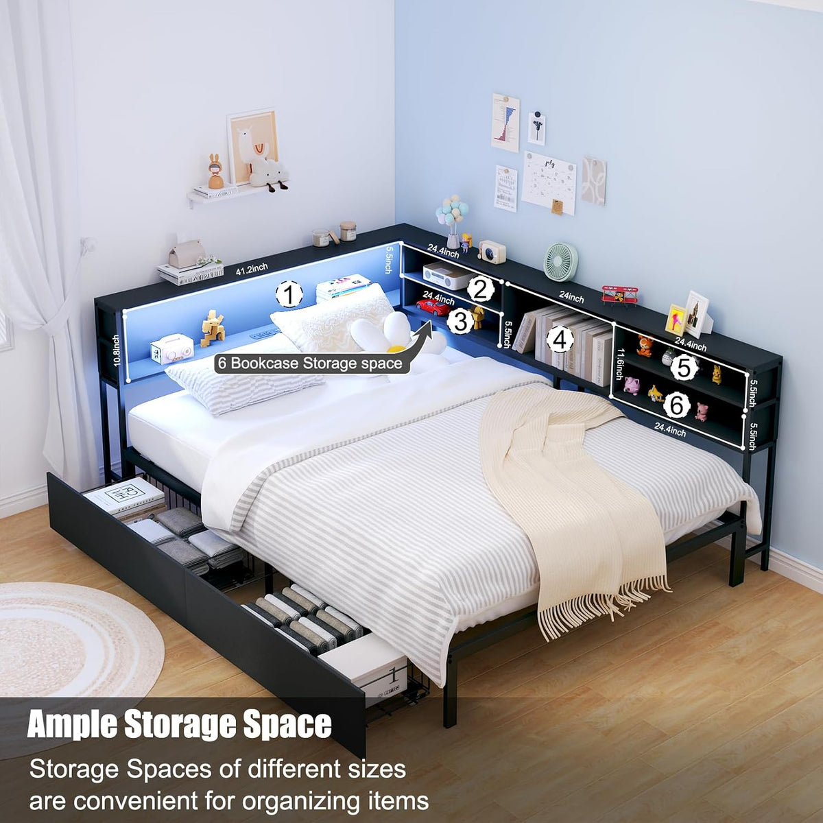 Corner Bed Frame Full with Storage, L Shaped Daybed for Kids,Full Corner Bed with Drawers, Shelves, RGB LED Lights & Charging Station, Sturdy Metal Kids Full Bed for Girls Boys,Black