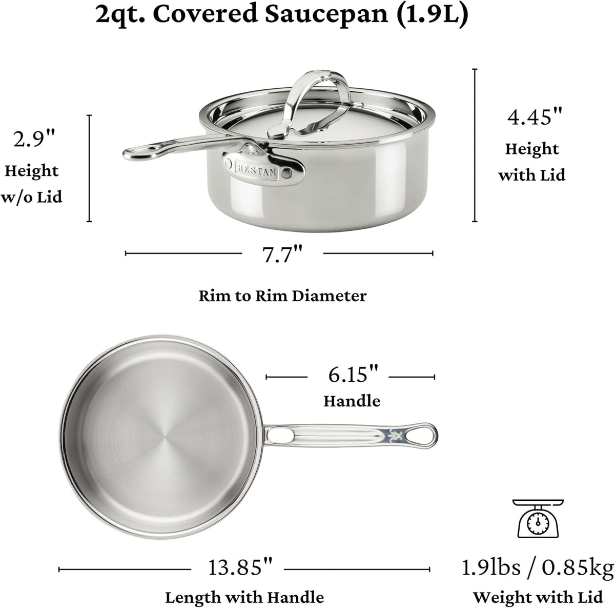 Hestan ProBond Luxe 2-Quart Saucepan with Lid, Professional Clad Stainless Steel, ProCore Tri-Ply Clad Construction, Polished Exterior, Induction & Oven Safe