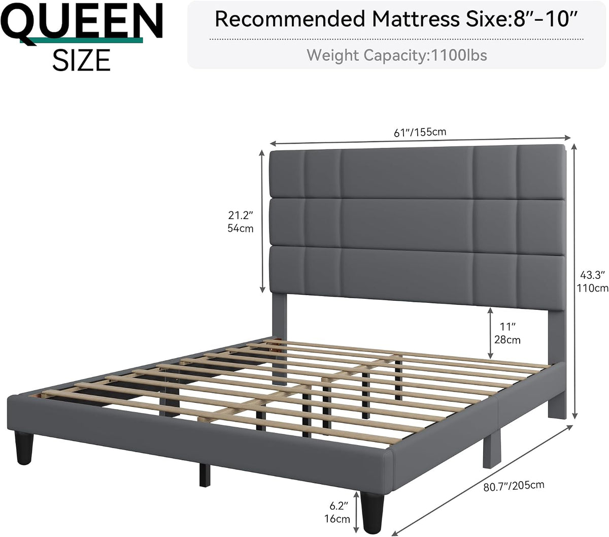 DWVO Queen Size Bed Frame with Headboard, Upholstered Platform Bed Mattress Foundation with Wooden Slat Support, Noise Free/No Box Spring Needed/Easy Assembly,Gray