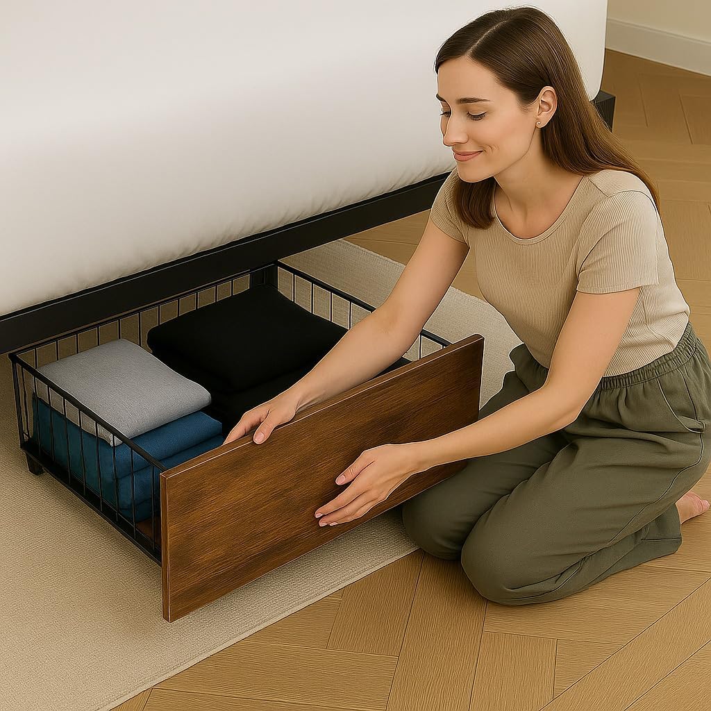 COMHOMA Queen Bed Frame with Headboard and Storage Drawers, Charging Station, Modern Platform Metal Frames with Wood Accents, No Box Spring Needed, Quiet and Sturdy Structure