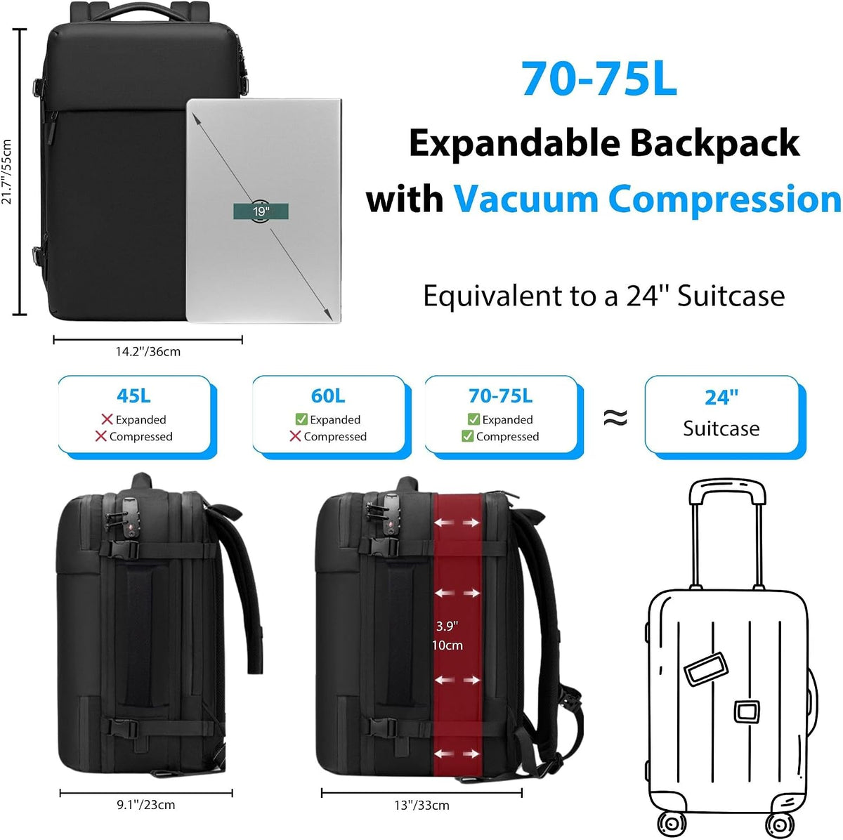 Vacuum Travel Backpack, 70L Expandable Air Vacuum Backpack for Travel, Vacpack Travel Vacuum Bags with Pump, TSA Lock, USB Charging Port, Waterproof