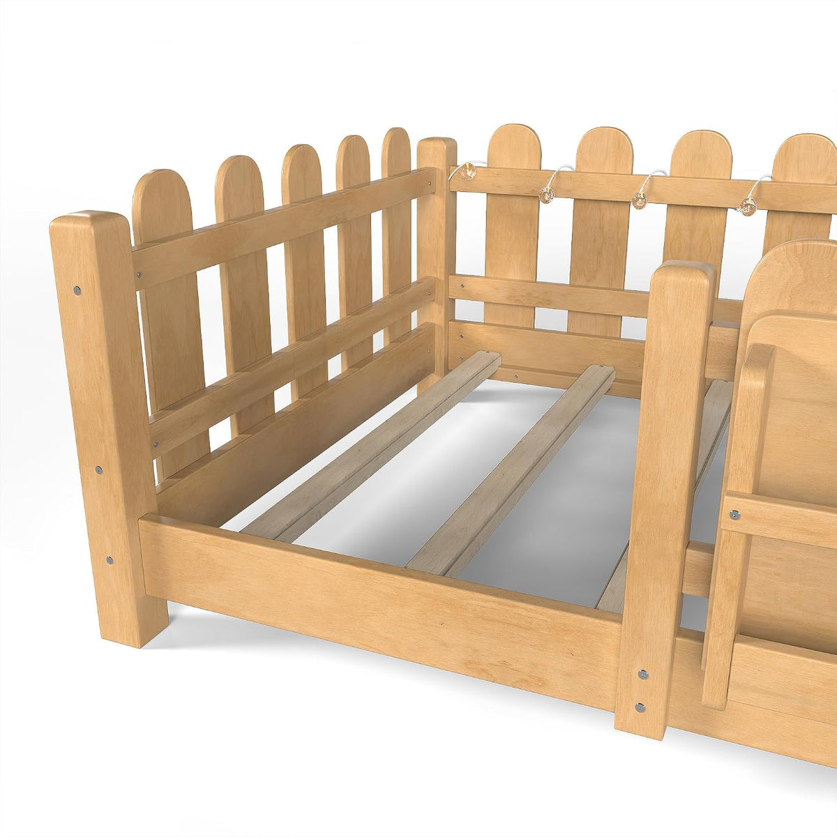 Bellemave Twin Floor Bed with Rails and Slats, Twin Size Montessori Floor Bed with Bookshelf, Fence and Lights, Low Profile Montessori Beds Frame for Girls, Boys, Light Natural