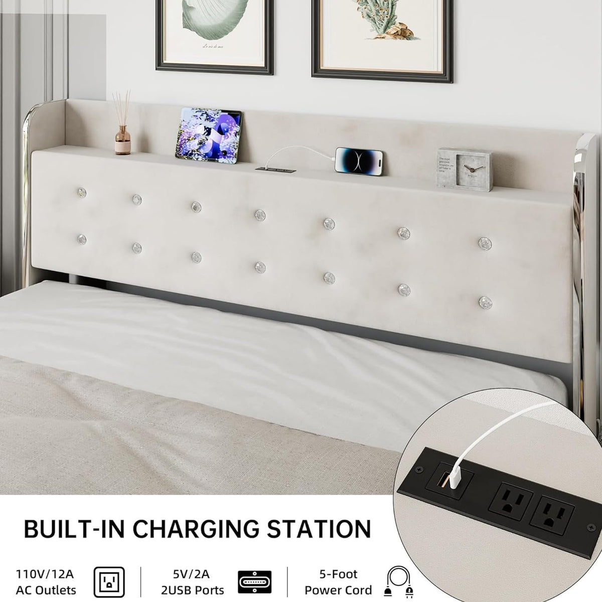 GarveeHome Full Size Bed Frame with Storage Headboard& Charging Station, Velvet Upholstered Full Size Platform Bed Frame with 4 Drawers&Wooden Slat Support, Noise Free Design, Easy to Assemble, Beige