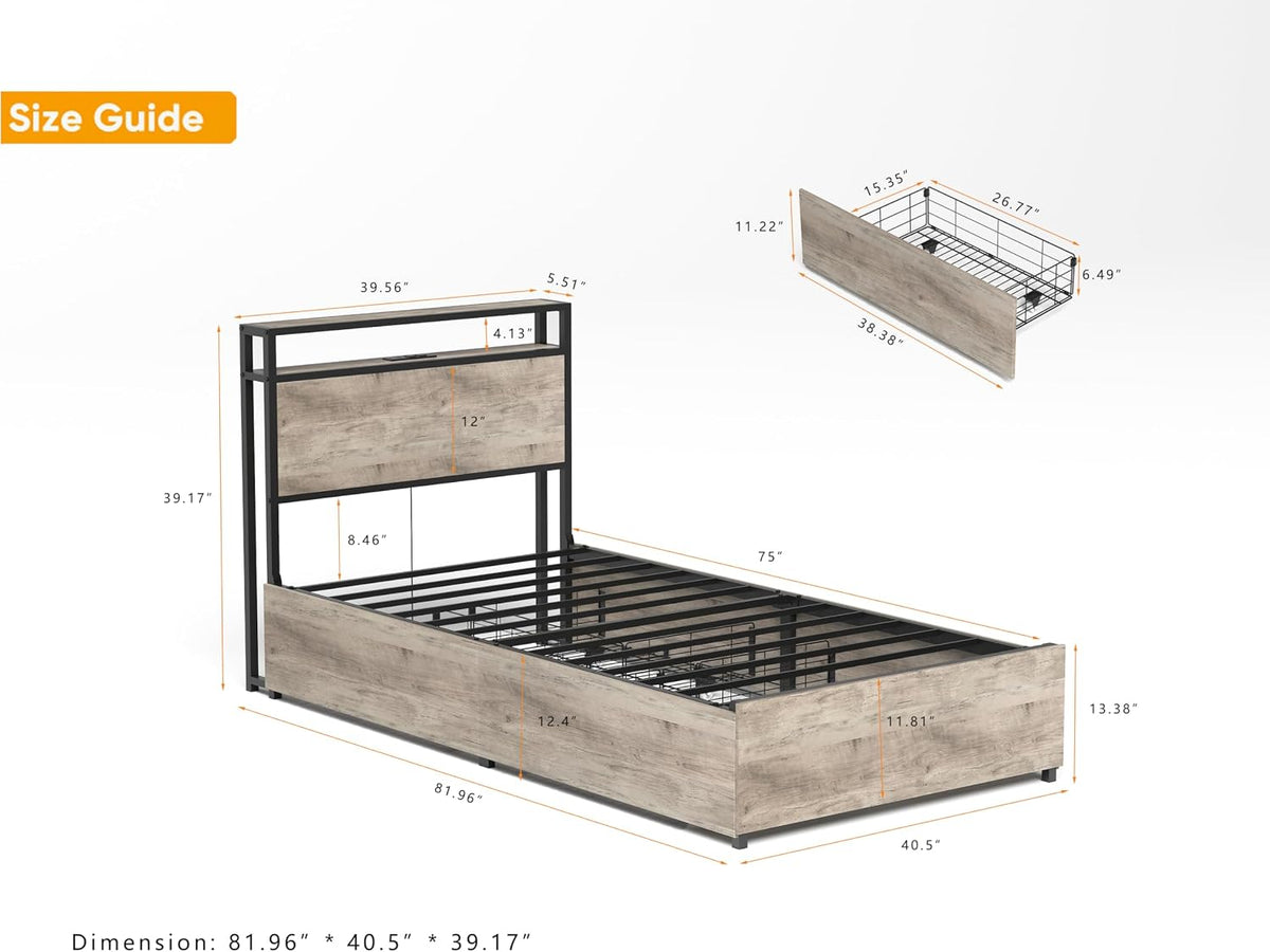 Twin Bed Frame with 4 Storage Drawers,Storage Headboard with Charging Station, Solid and Stable, Noise Free, No Box Spring Needed, Easy Assembly,Gray (Twin)