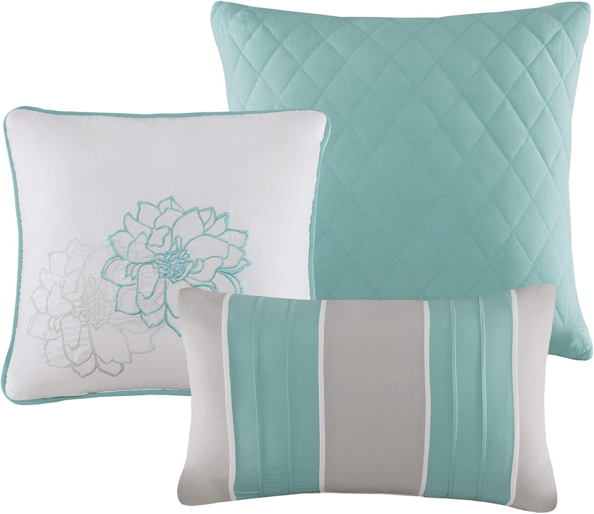 Madison Park Lola Sateen Cotton Comforter Set-Casual Medallion Floral Design All Season Down Alternative Bedding, Shams, Bedskirt, Decorative Pillows, King, Grey/Aqua 7 Piece