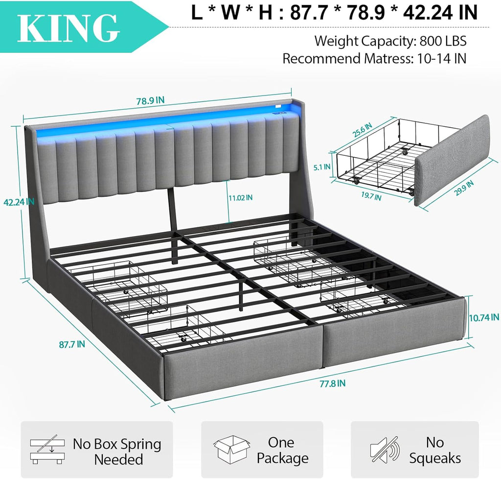 Doltoro King Size Bed Frame with 4 Storage Drawers and Headboard, Upholstered King Platform Bed with Charging Station and LED Lights, Noise-Free, No Box Spring Needed, Easy Assembly, Gray