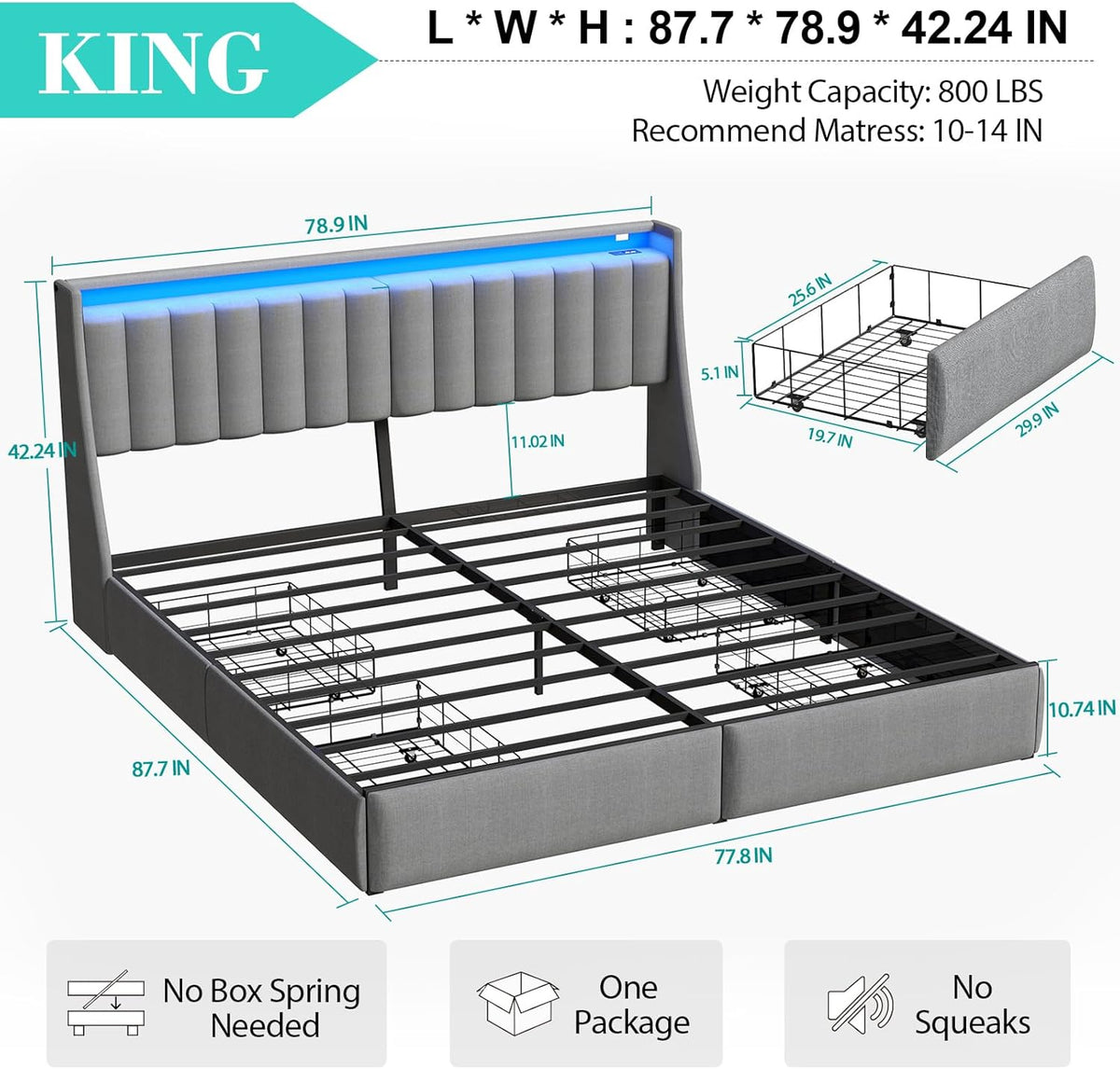 Doltoro King Size Bed Frame with 4 Storage Drawers and Headboard, Upholstered King Platform Bed with Charging Station and LED Lights, Noise-Free, No Box Spring Needed, Easy Assembly, Gray