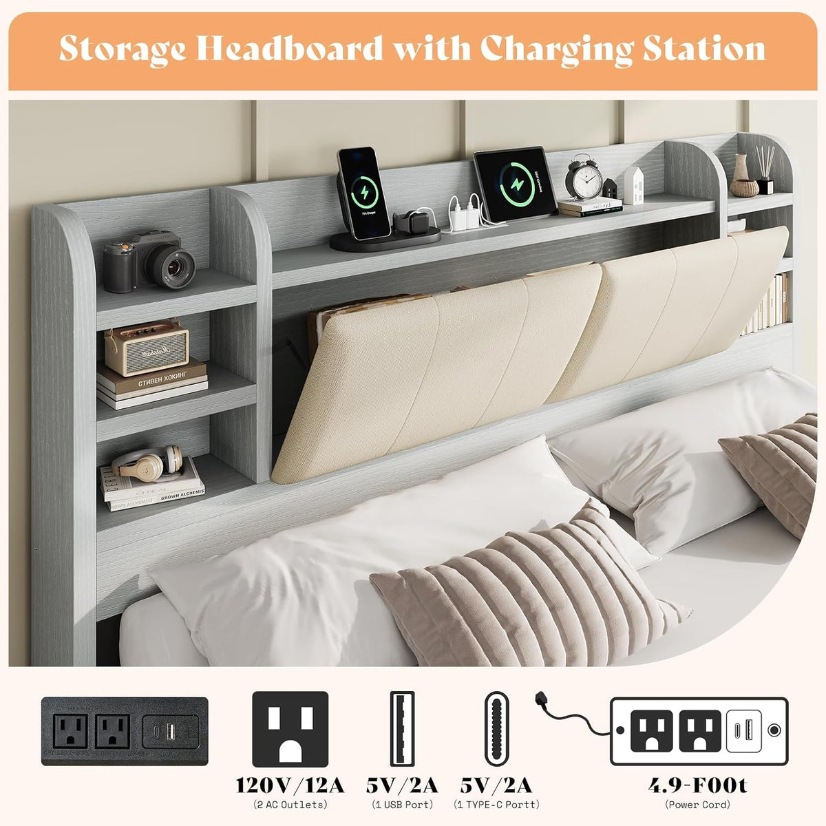 AMERLIFE King Size Bed Frame with Charging Station, 4 Drawers & Hidden Storage, Upholstered Cushion Backrest, Wooden Platform Bed with Bookcase Headboard, Heavy Duty Metal Frame, Light Grey