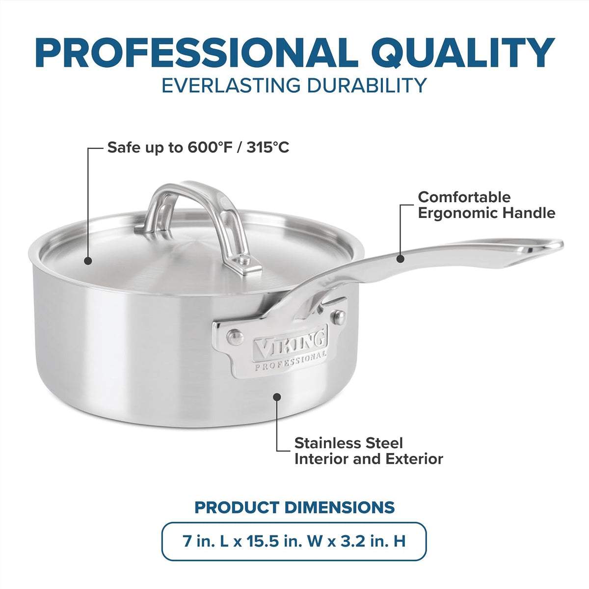 Viking 5-Ply Stainless Steel Sauce Pan with Lid, 2 Quart Cooking Pot, Dishwasher and Oven Safe, Induction Ready, Satin Finish