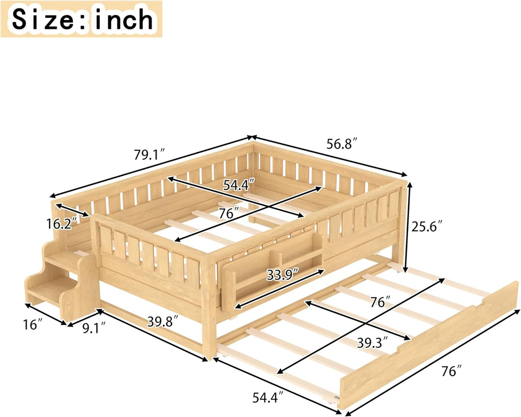 Bellemave Full Bed with Trundle and Stairs, Full Size Platform Bed Frame with Fence and Bookshelf, Easy Assemble Beds for Kids, Girls, Boys, Light Natural