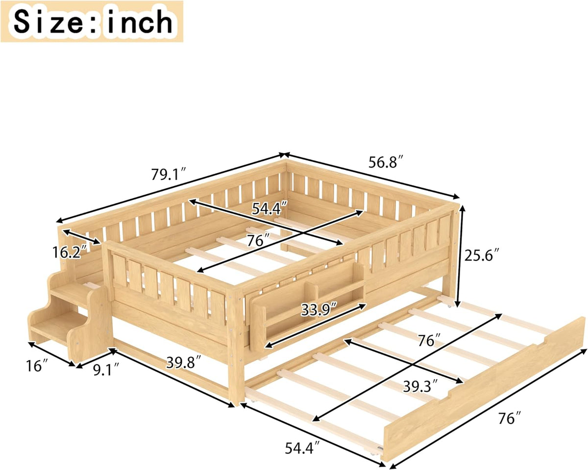 Bellemave Full Bed with Trundle and Stairs, Full Size Platform Bed Frame with Fence and Bookshelf, Easy Assemble Beds for Kids, Girls, Boys, Light Natural