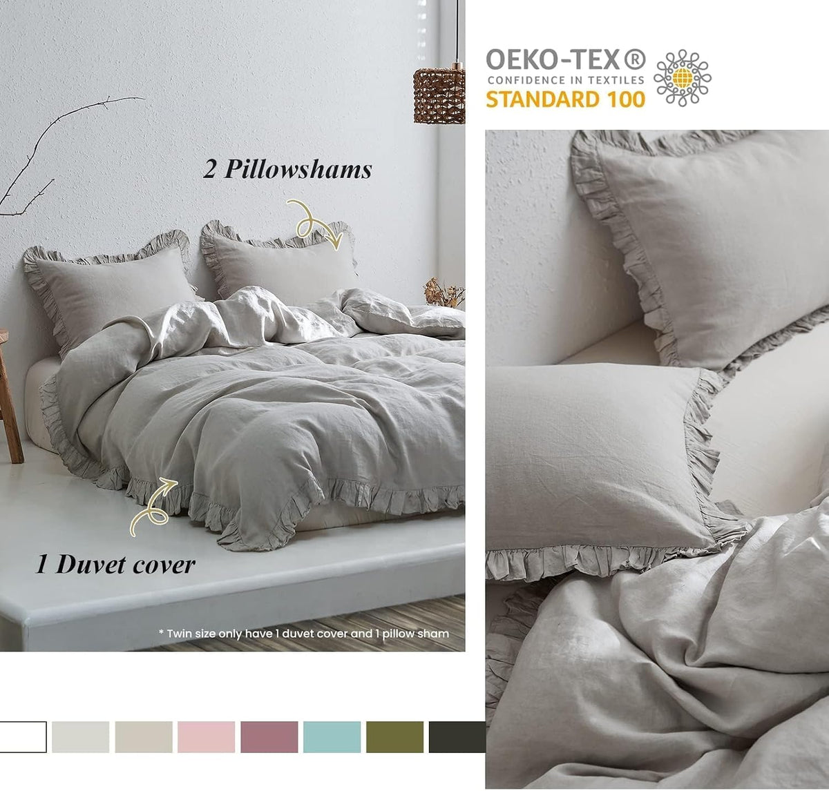Simple&Opulence 100% Linen Duvet Cover Set, Natural French Flax Light Grey Ruffle Duvet Cover Twin Size, Breathable Comfy Linen Bedding Comforter Cover with 1 Pillowcase (Light Grey, 68' x 86')