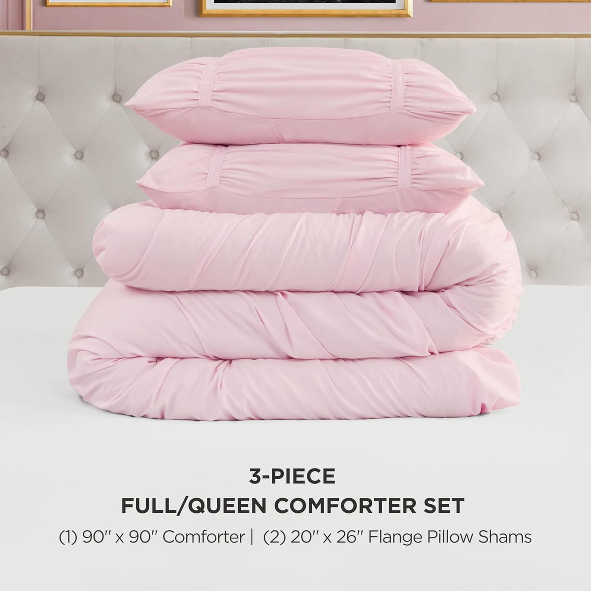 Juicy Couture Ribbon Ruched 3 Piece Full/Queen Comforter Set, Pink Marshmellow Bedding Ensemble