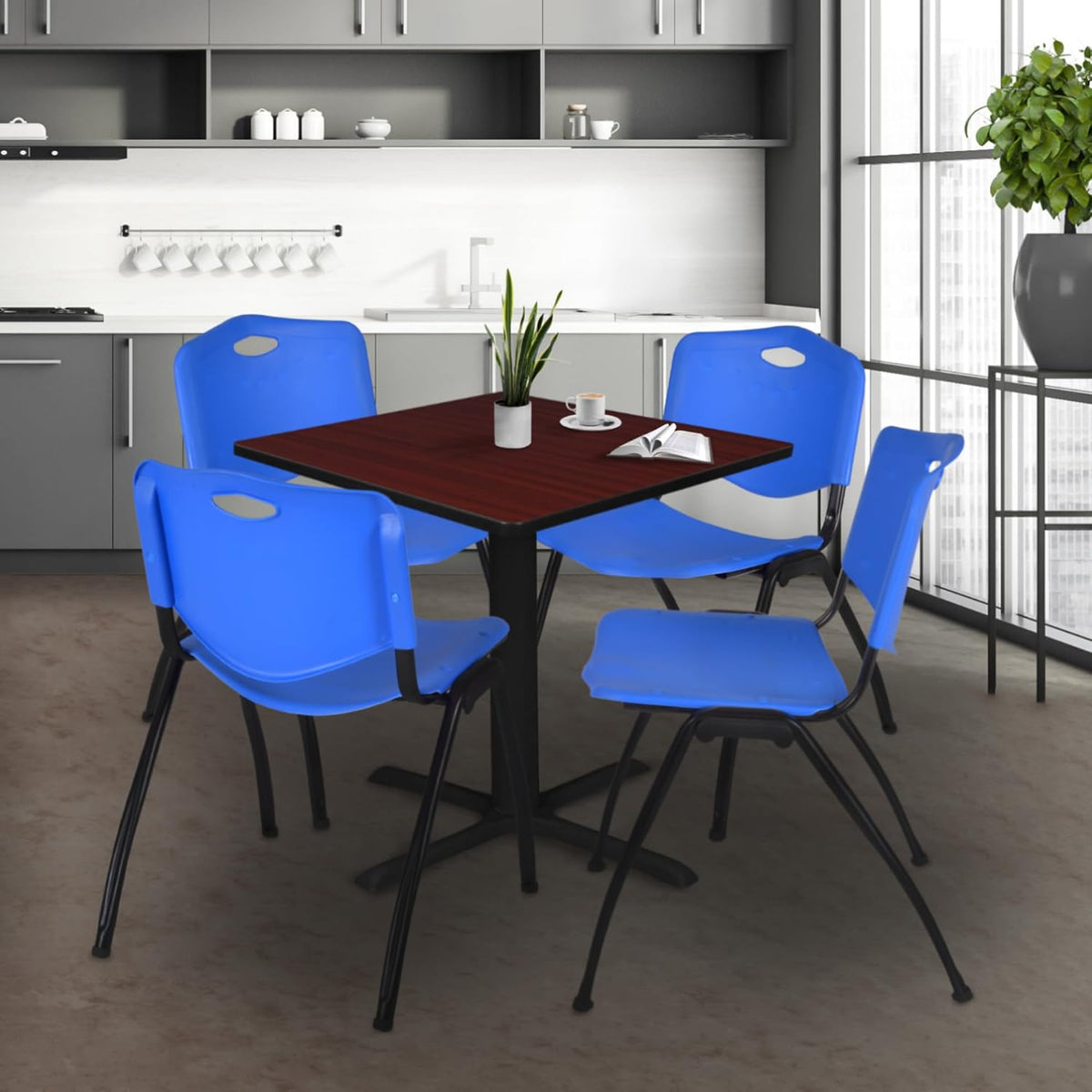 Regency Cain 42 in. Square X-Base Breakroom Table- Mahogany & 4 M Stack Chairs- Black
