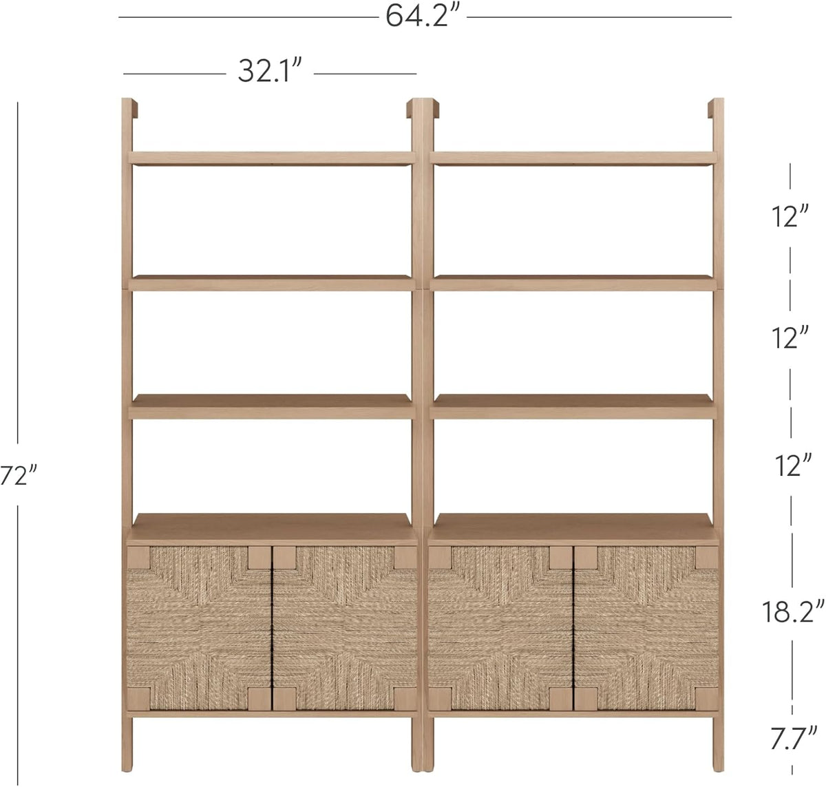 Nathan James Beacon 3-Shelf Bookcase with Seagrass Cabinet, Solid Wood Bookshelf with Storage with Solid Wood Frame, Seagrass/Raw Oak Set of 2