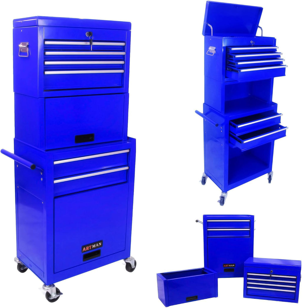 6-Drawer Tool Chest, 3-in-1 Rolling Tool Box with Detachable Top Toolbox & Key Lock,Tool Cabinet with Protective Liner & Universal Lockable Wheels,Metal Storage Cart for Garage,Workshop (Blue)